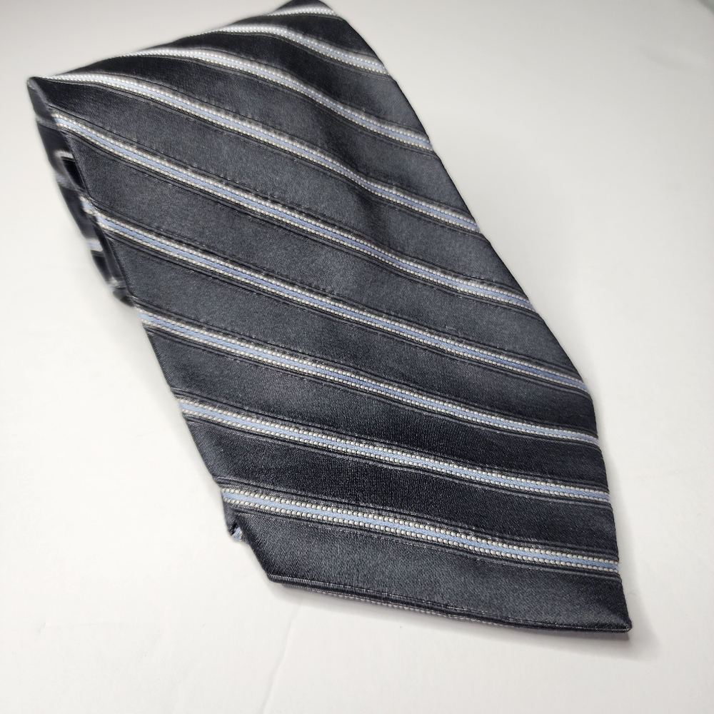 DKNY Black & Blue Striped Silk Tie.